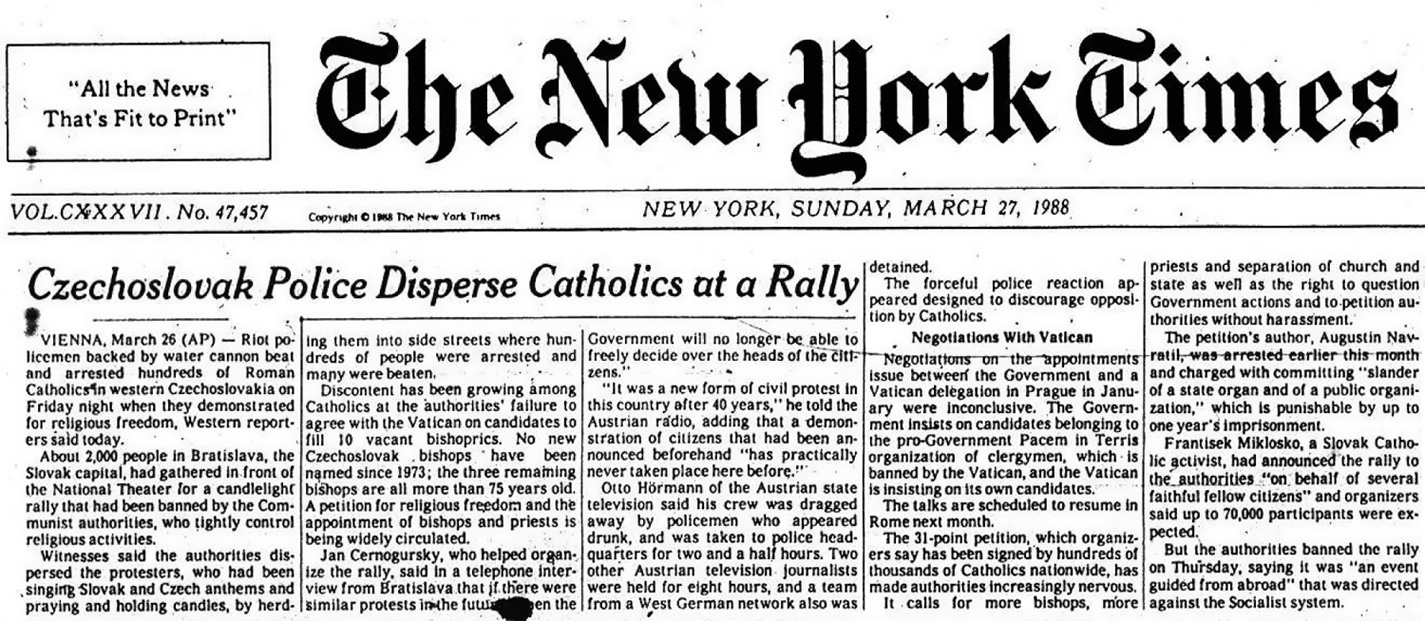 Článok o sviečkovej manifestácii, New York Times 27.3.1988. www.svieckovamanifestacia.sk