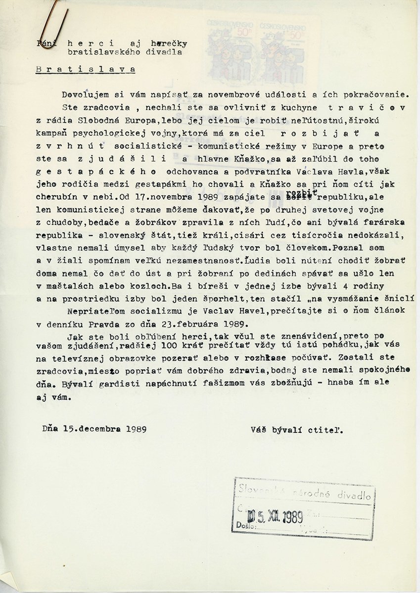 Dopis hercom Slovenského národného divadla. 1989. Archív SND